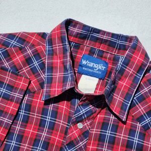 men's WRANGLER Western Shirt s/s white Pearl Snap Red Plaid button‎ up size XL